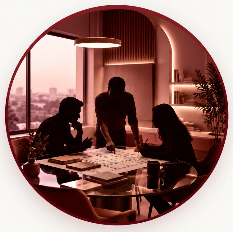 Bamboo Allure team discussing an interior plan around a table